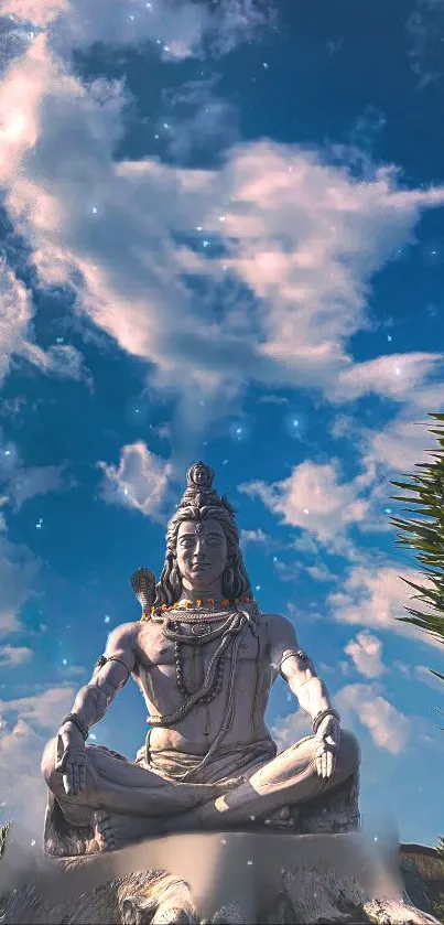 Peaceful statue of Shiva meditating under a blue sky with clouds.