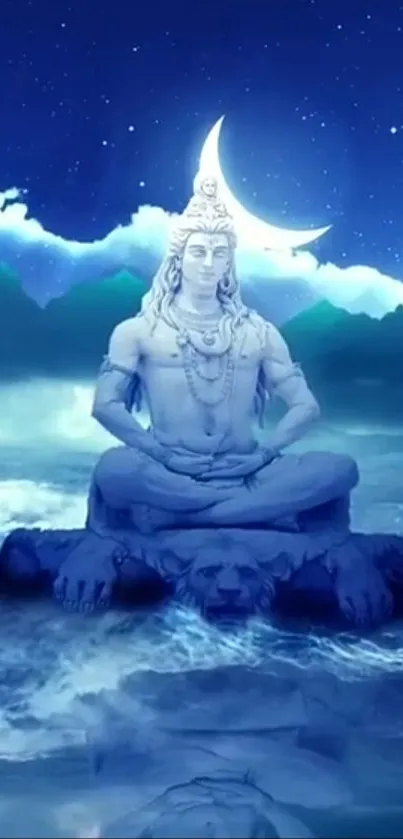 Lord Shiva meditating under a crescent moon with a serene blue background.