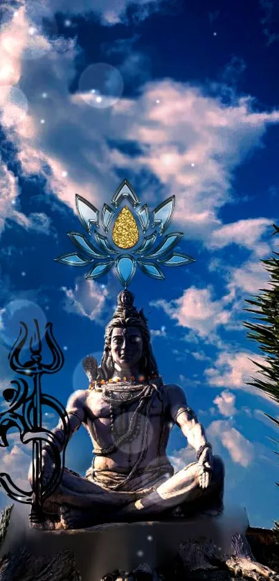 Shiva statue under a vibrant sky with lotus decoration.