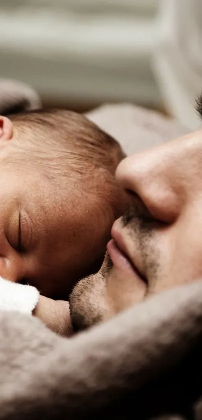 Father and baby peacefully sleeping on cozy blanket.