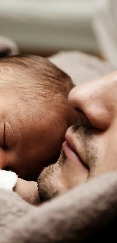 Sleeping baby in father's warm embrace, soft tones.