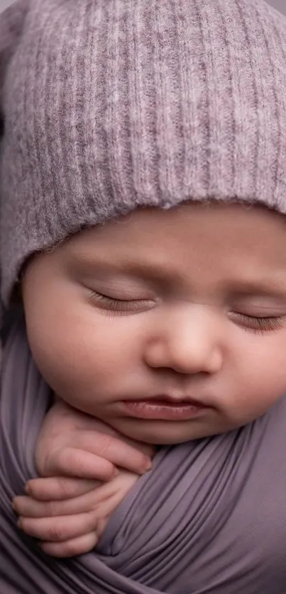 A serene baby sleeping in lavender gray hues.