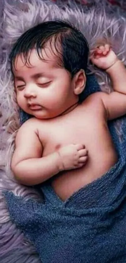 Serene mobile wallpaper of a baby peacefully sleeping wrapped in blue fabric.