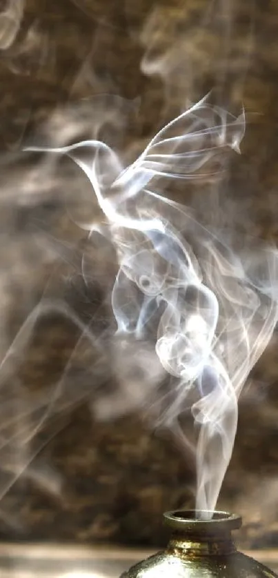 Brass pot emitting wisps of smoke on a textured background.