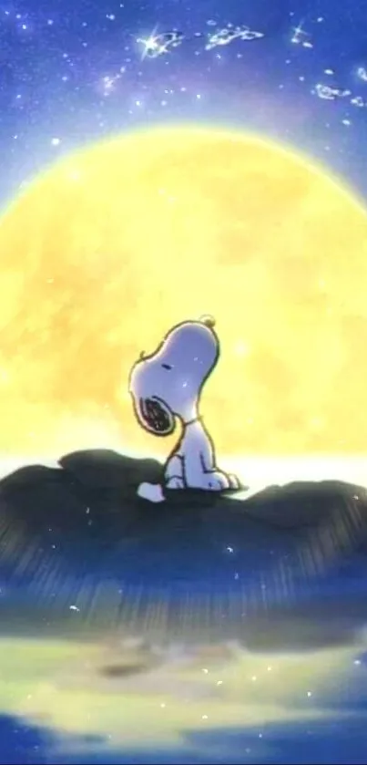 Snoopy sitting peacefully under the glowing full moon.