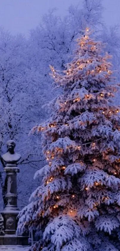 Snowy tree with lights against a night sky.