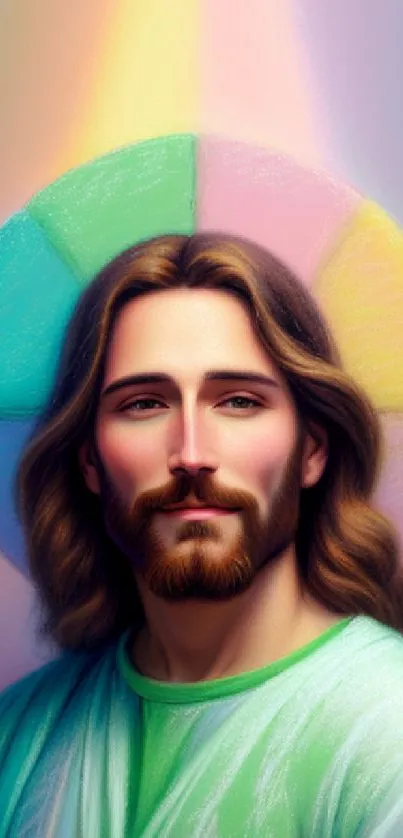 Spiritual art wallpaper featuring serene portrait with vibrant pastel colors.