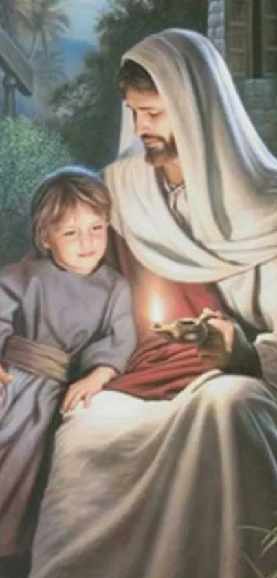 Serene illustration of a spiritual figure with a child in warm light.