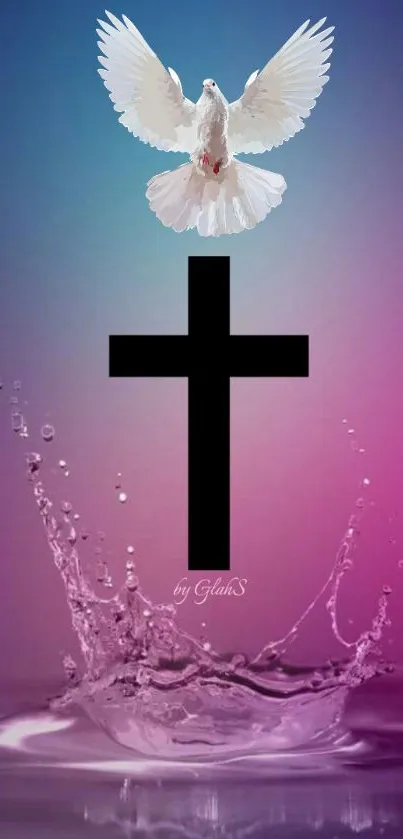 White dove and cross above water splash on gradient background.