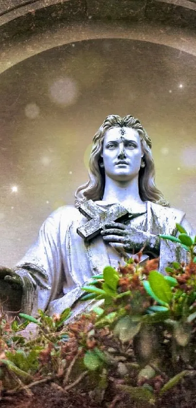 Serene statue under an arch surrounded by lush greenery.