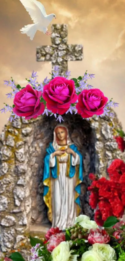 Stone shrine with vibrant roses and a white dove.