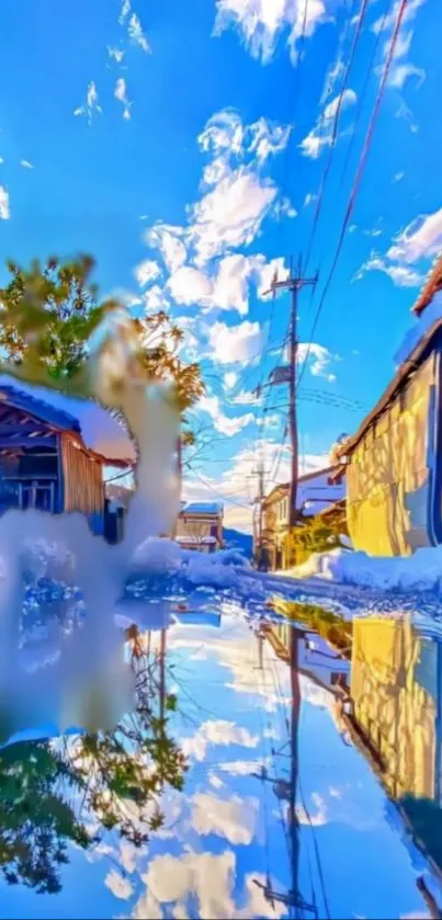 Serene street scene with vibrant reflections on a sunny day.