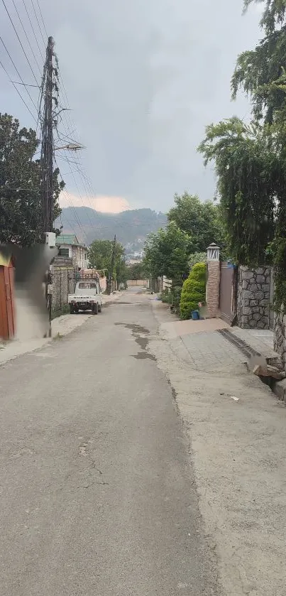 Serene suburban street with greenery and mountain view.