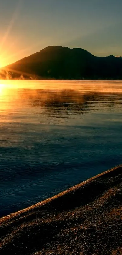 Serene sunset over a tranquil beach with ocean waves in a calming scene.
