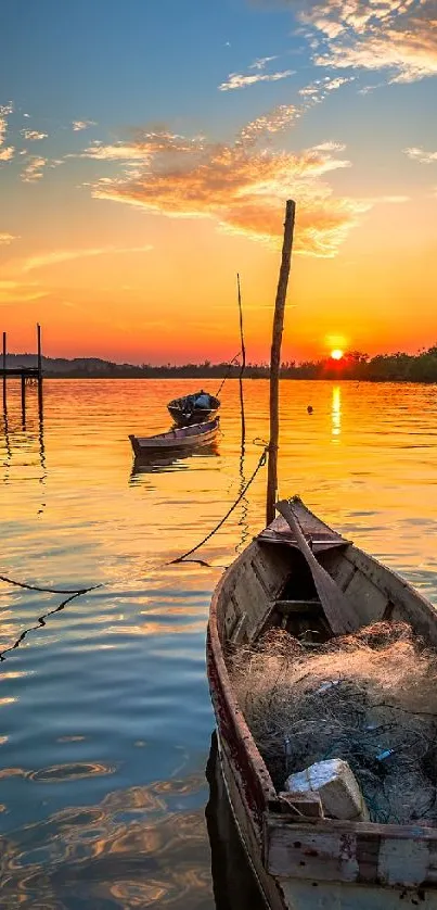 Peaceful sunset with boats on calm water, creating a serene mobile wallpaper.