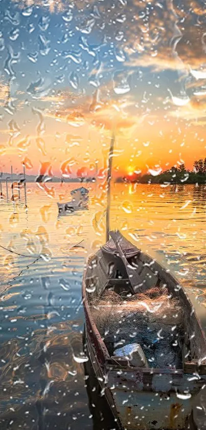 Boat on serene lake with raindrop effect during sunset.