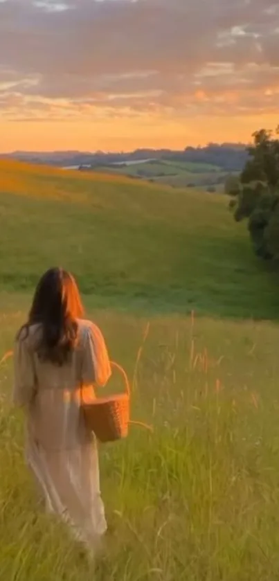 Woman walking in sunlit meadow at sunset.