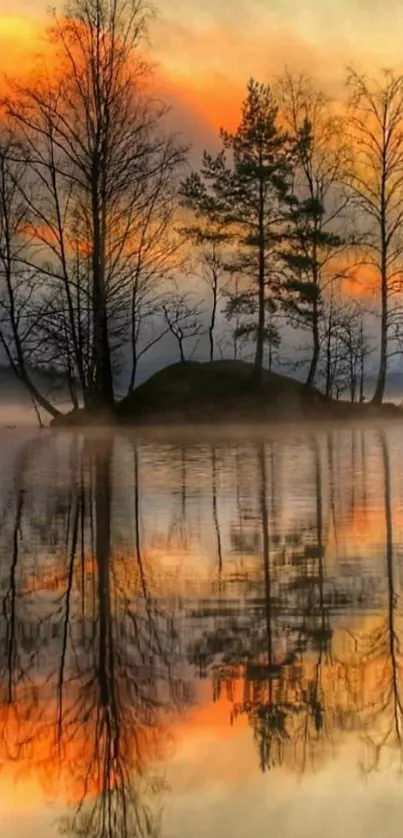 Tranquil sunset over lake with tree reflections and orange sky.