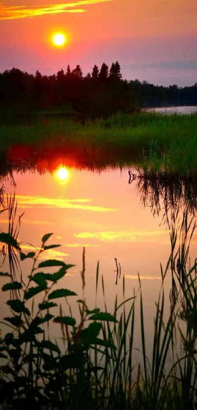 Serene sunset over lake with reflection.