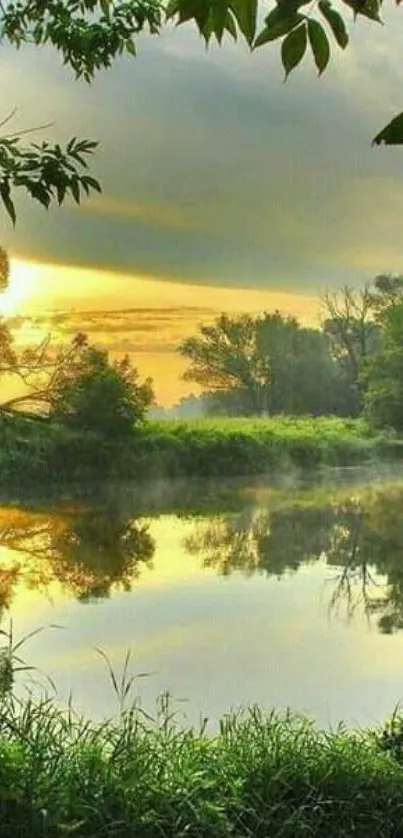 Serene landscape with sunset reflecting on a peaceful lake surrounded by trees.