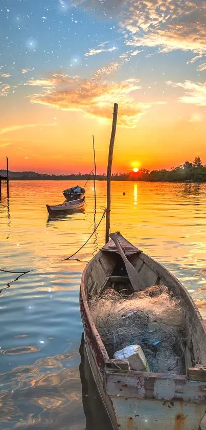 Serene sunset view with boats on tranquil lake.