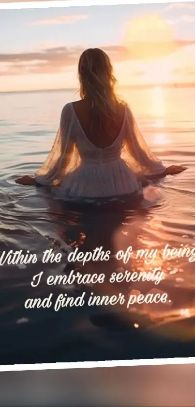 Woman meditating in water at sunset, embracing tranquility.