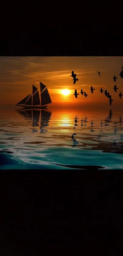 Tranquil sunset with sailboat and birds over calm sea.