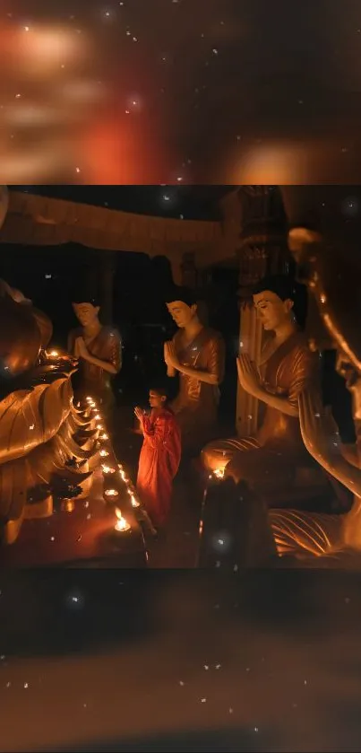 Buddhist statues and child in candlelit temple, creating a serene ambiance.