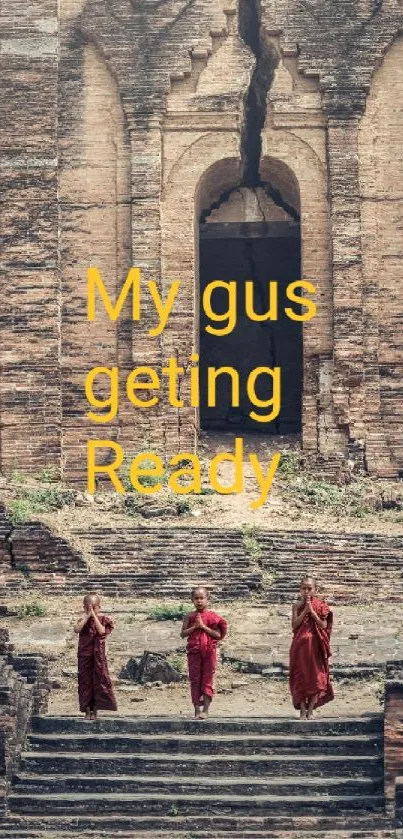 Monks walking on ancient temple steps, serene scene.