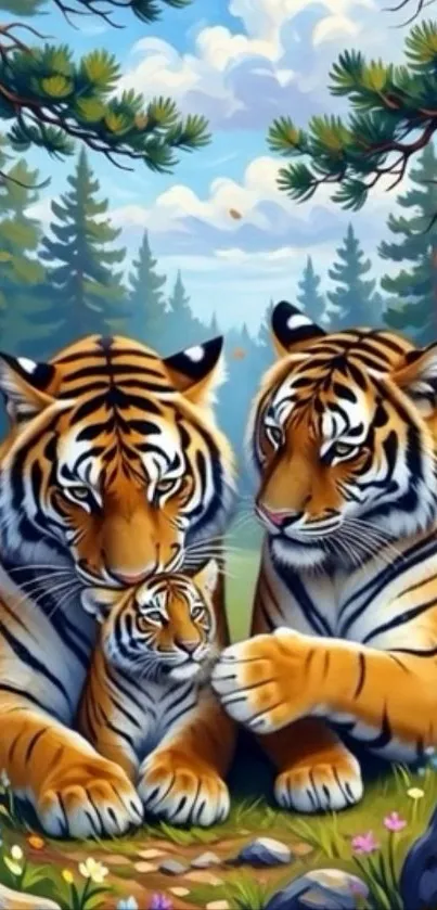 Illustration of tiger family in forest setting.