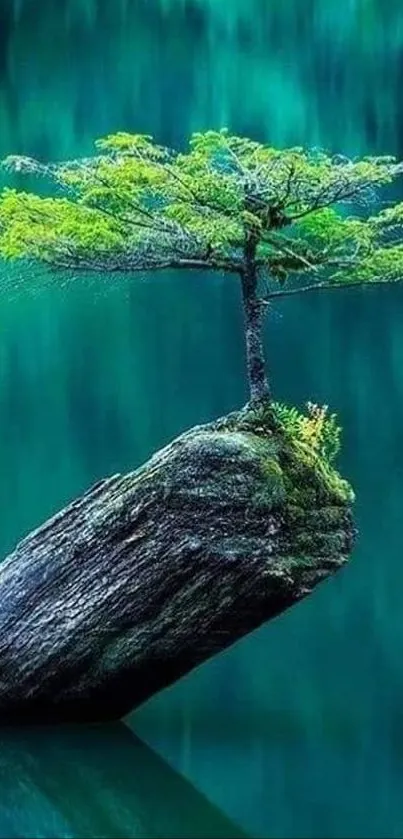 A lone tree on a rock in tranquil emerald waters, reflecting serenity.