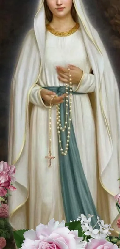 Serene Virgin Mary with flowers and rosary beads mobile wallpaper.