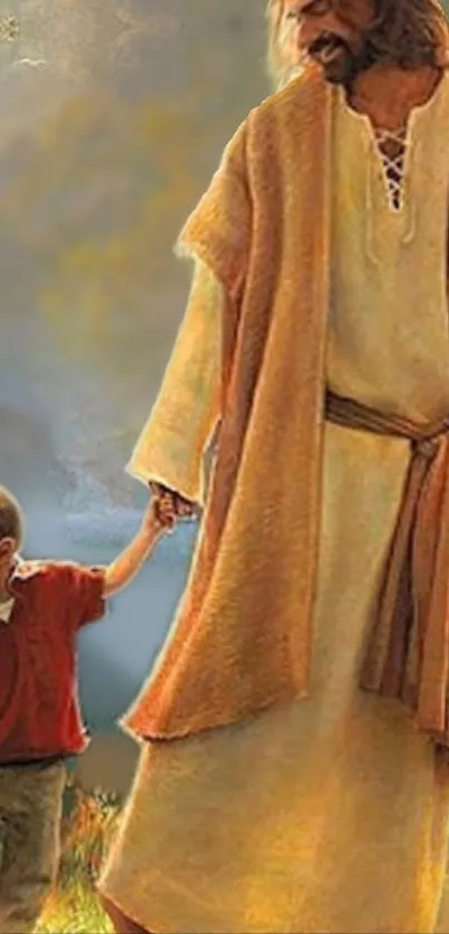 Jesus walking with child in serene natural setting.