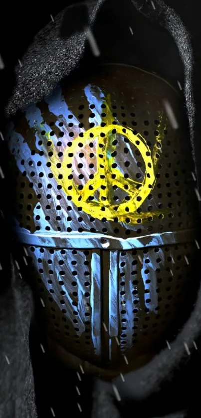 Armor mask with peace symbol under rain.