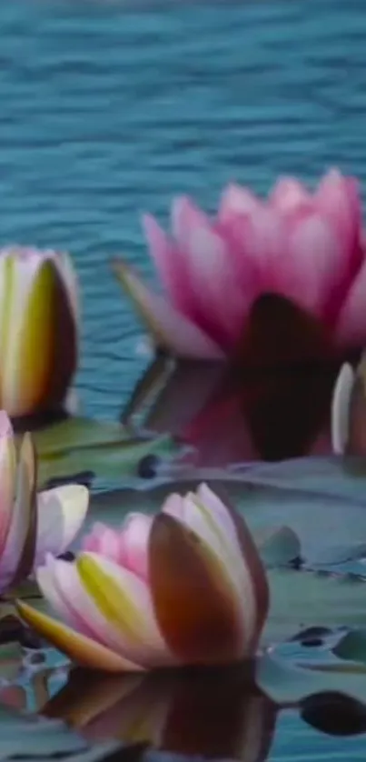 Serene lake with pink water lilies blooming on calm water.