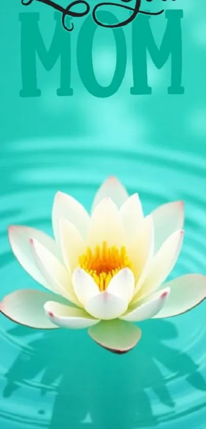 A water lily floating on tranquil turquoise water background.