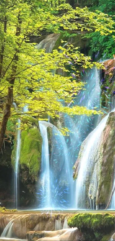 Tranquil waterfall scene with lush green trees in a serene forest setting.