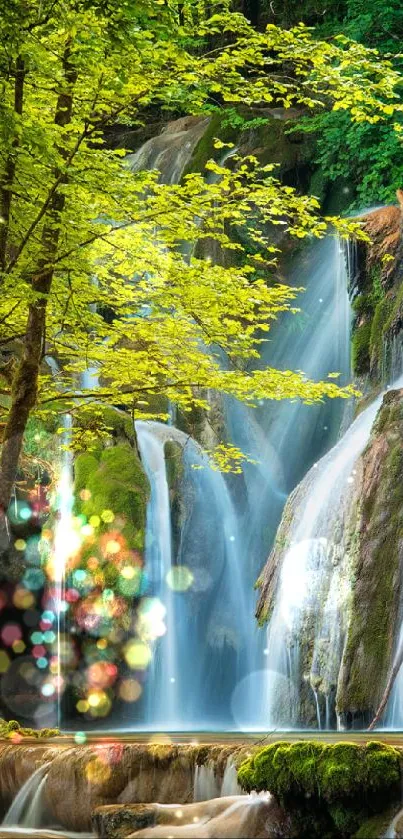 Serene waterfall flowing through lush green forest landscape.