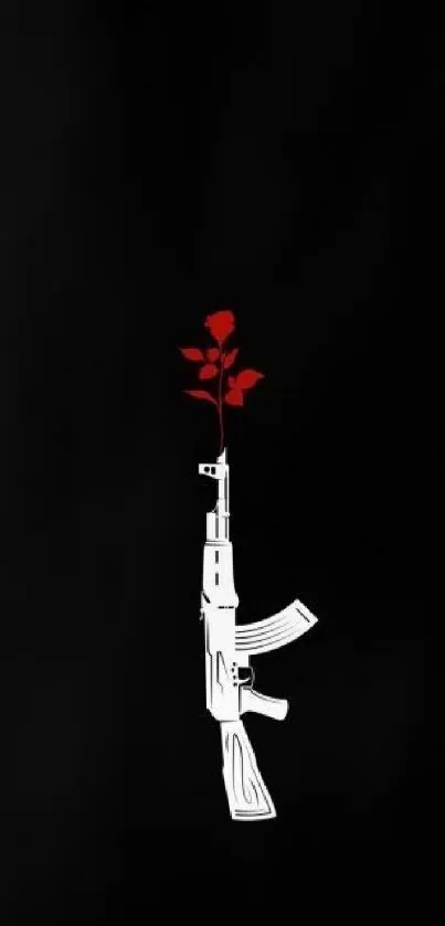 Artistic wallpaper with white rifle and red rose on black background.