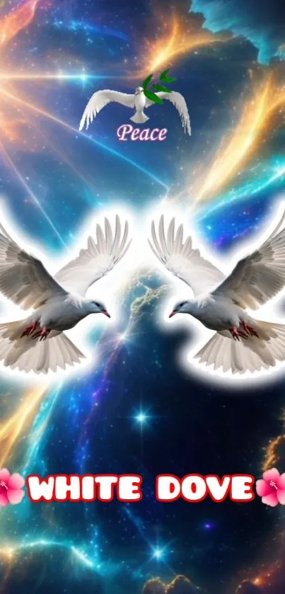 White doves flying across cosmic background with peace symbol.