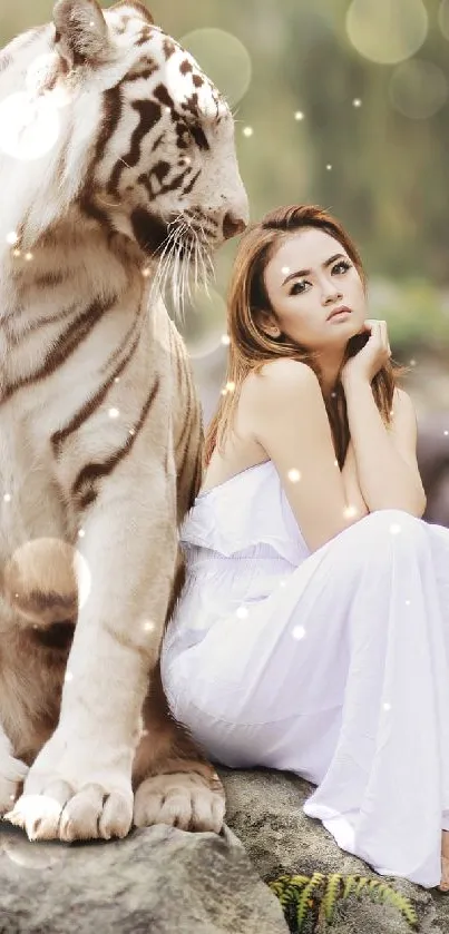 Serene scene with white tiger and figure in nature.