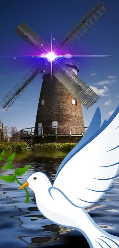 Peaceful windmill with a white dove in front and a blue sky background.