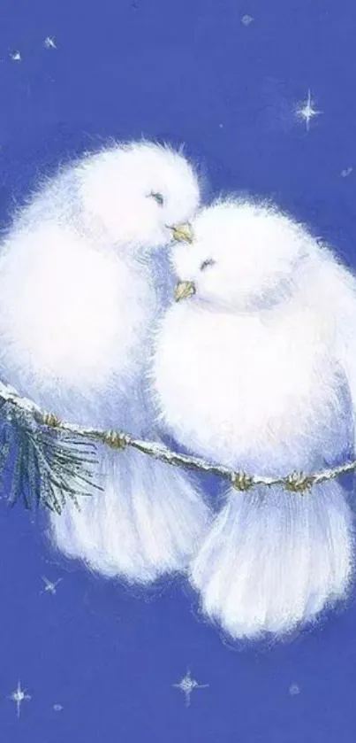 Two white birds on a snowy branch in front of a starry blue sky.