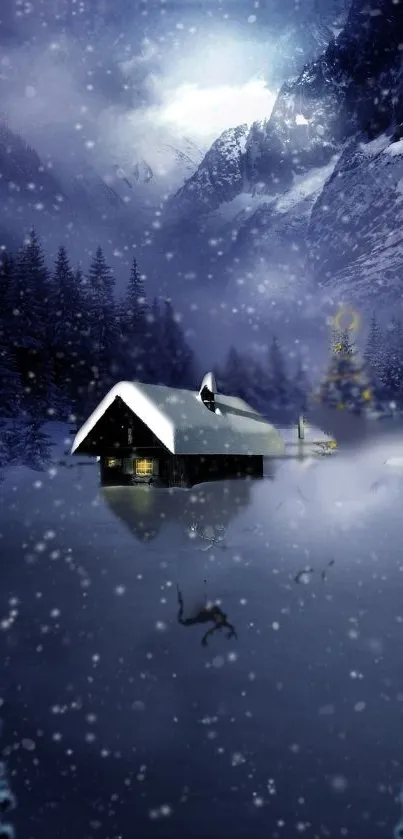 Snowy mountain cabin under a starry winter night.