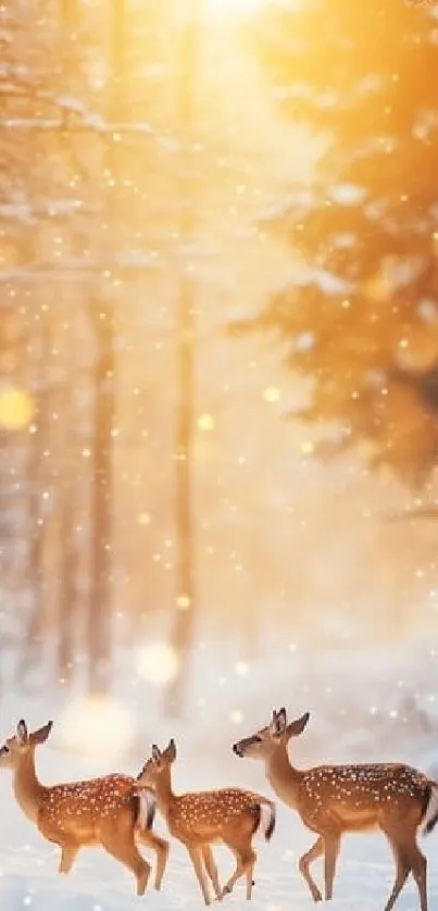 Deer in a snowy forest with golden light creating a peaceful winter scene.