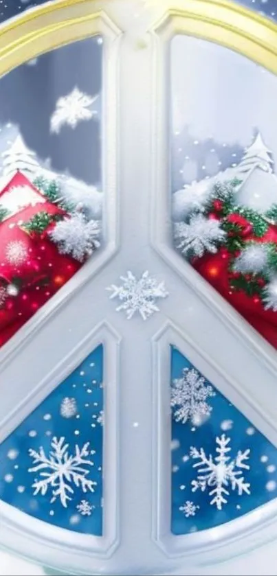 Peace sign with snowflakes and festive holiday colors.