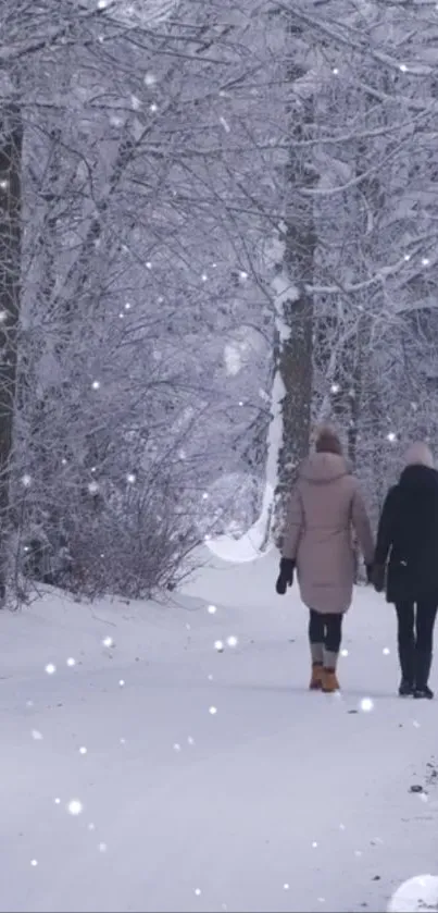 Snowy pathway with two people walking in forest.