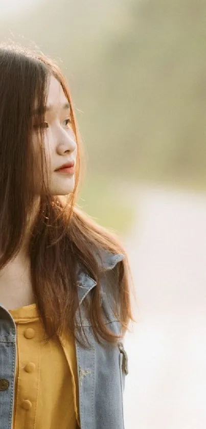 Young woman in denim and yellow shirt in a serene outdoor setting.