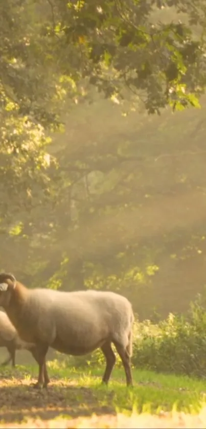 Sheep grazing in a sun-dappled forest.