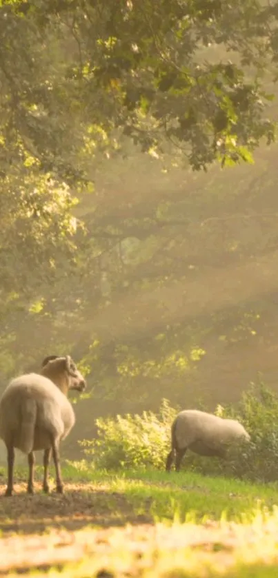 Sheep in a sunlit forest with lush green background.